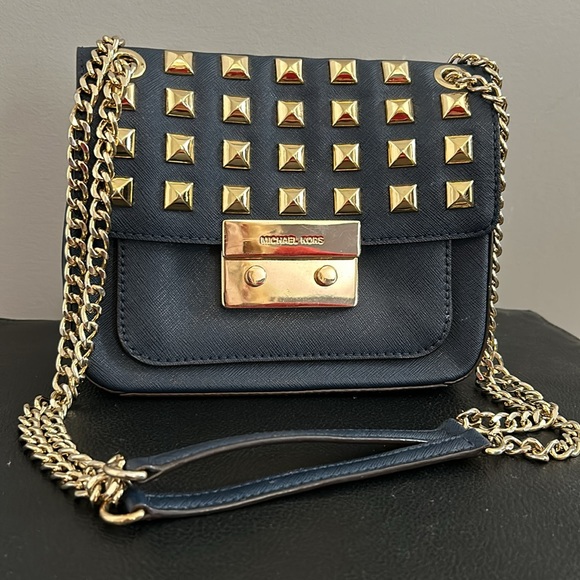 Michael Kors Navy Blue Leather Studded Sloan Shoulder Bag - Picture 4 of 5